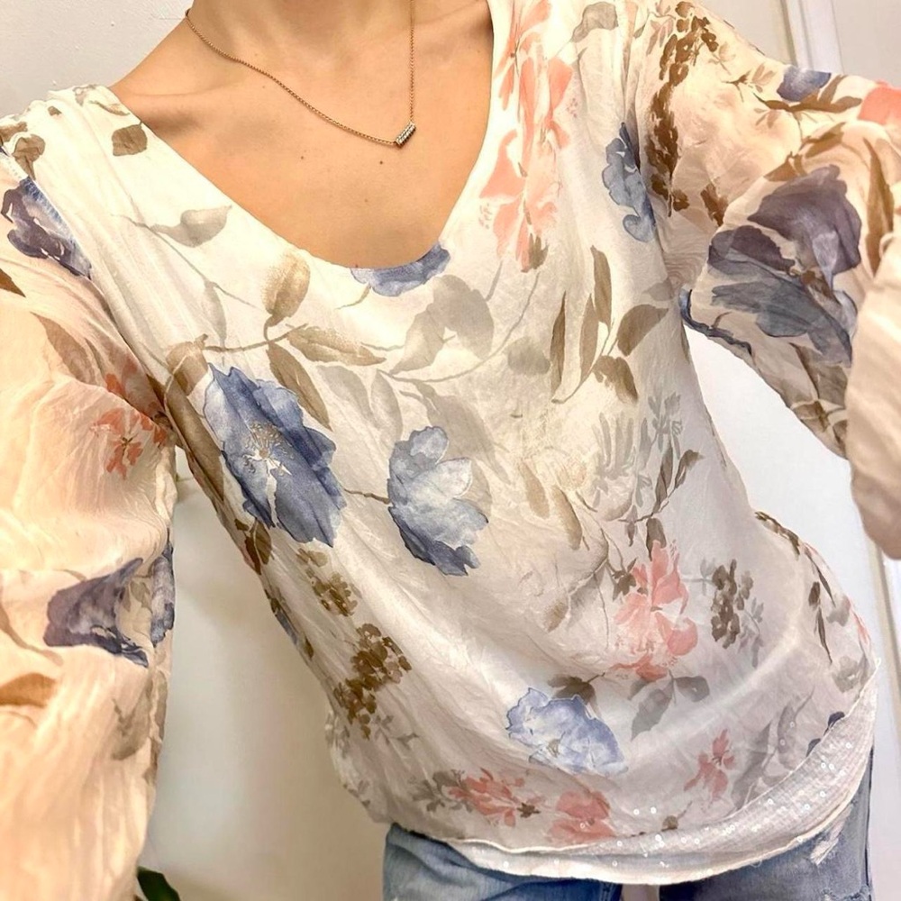 Silk Viola Borghi Sheer Floral Blouse With Sequined Hem Size Small